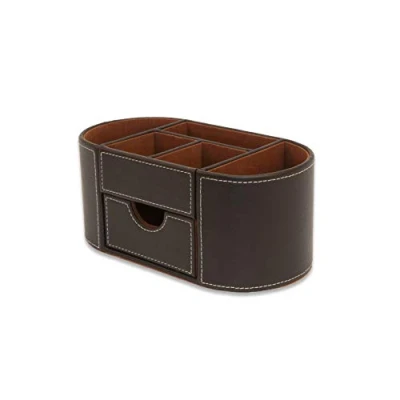 Immagine di OSCO organizer da scrivania in ecopelle marrone con cassetto, scrivania, portapenne, contenitore per trucchi, 6 scomparti, cancelleria, 10 x 23 12 cm