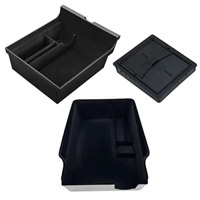 Immagine di [3 pezzi]Vassoio Organizer Console Centrale Scatola di Immagazzinaggio Floccata per Accessori Tesla Model 3 Y 2023 2022 2021, Bracciolo Cassetto Cubby Nascosto Contanti, Vetro, Monete, Telefono