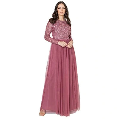 Immagine di Maya Deluxe Damen Kleid für Hochzeitsgast übergröße Groß Reich Hohe Taille Pailletten Langarm Lang Abschlussball Abend Vestito da Damigella d&#039;Onore, Desert Rose, 36 Donna