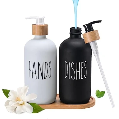 Immagine di Elegante set di dispenser sapone in vetro con vassoio Decorazione nera e bianca per bagno cucina Capacità 500 ml (bianco+nero)