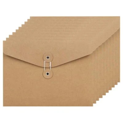 Immagine di 10 buste in carta kraft, formato A5, cartelle per documenti, portadocumenti, con chiusura a cordoncino e bottone, organizer ufficio, scuola, casa