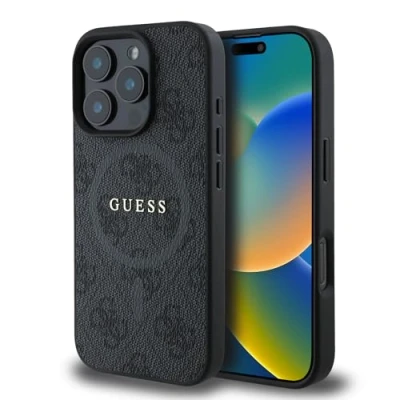 Immagine di CG MOBILE Guess HC custodia per telefono progettata iPhone 16 Pro Max, durevole, antiurto, compatibile con Magsafe, logo classico in PU 4G, nera