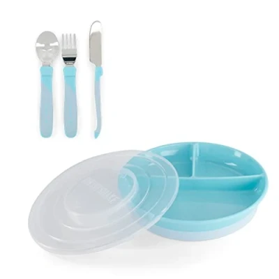 Immagine di Twistshake Set Di Stoviglie Per Bambini Piatto Diviso + Posate In Acciaio Inossidabile 12m+ Senza BPA Kit L&#039;addestramento Alimentare Dei Blu