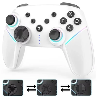 Immagine di Cehensy Controller per Switch/Lite/OLED/PC,Controller Switch con LED RGB a 9 Colori, Batteria da 950 mAh,6 Axis Gyro,Doppia Vibrazione,Turbo,Wireless Pro Joystick Gamepad,Bianco