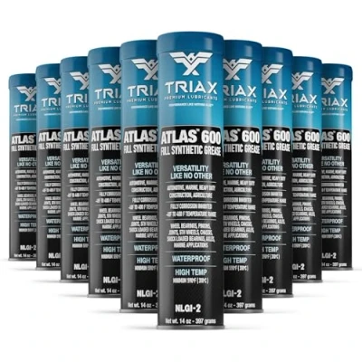 Immagine di TRIAX Atlas 600 Grasso Sintetico Blu per Cuscinetti a Sfera NLGI 2. Ottime Performance in Condizioni gravose e ad Alte Temperature, Resistente all&#039;Acqua, Alta adesività, Ottimo Rating EP (10 x 400g)