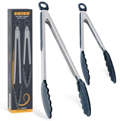 Immagine di Pinze da cucina Deiss PRO con punte in silicone per cucinare, BBQ, Air Fryer resistenti al calore, Sblocco a tirare, set di 2, 9&#039;&#039; e 12&#039;&#039;