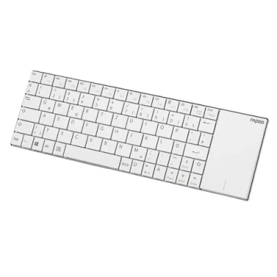 Immagine di Rapoo Tastiera multimediale Wireless E2710, 2,4 GHz, Senza Fili, Tramite Ricevitore Nano USB, Design Piatto in Acciaio Inox da 5,6 mm, touchpad, Smart TV, Media PC, Layout DE (QWERTZ), Bianco