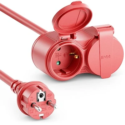 Immagine di deleyCON 15m Cavo di Prolunga Outdoor Estremamente Resistente Alle Intemperie IP44 in Gomma per Uso Permanente All&#039;esterno Contatto Protezione Spina Tipo F (CEE 7/4) a 2x Presa 7/3) Rosso