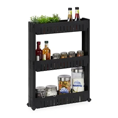 Immagine di Relaxdays Mobile Salvaspazio, 3 Ripiani, Scaffale Stretto per Bagno &amp; Cucina, Carrello Portaoggetti in Plastica, Nero