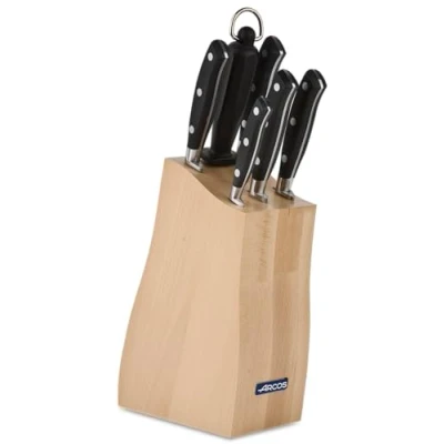 Immagine di Arcos Serie Riviera Pacco Regalo Set di Coltelli 6 Pezzi (5 + 1 Acciaini Affilatori) Acciaio Inossidabile Forgiato Nitrum Manico Polioxymetilene (Pom) Blocco Legno faggio