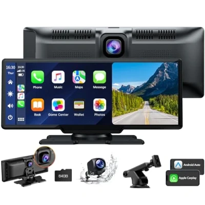 Immagine di Volam 9,26 pollici Display Carplay con Dashcam Anteriore da 2,5 K, Telecamera Posteriore 1080P, A pple Wireless Android Auto, Mirror Link, Navigazione, G00gle,Siri, FM,AUX, Loop Recording