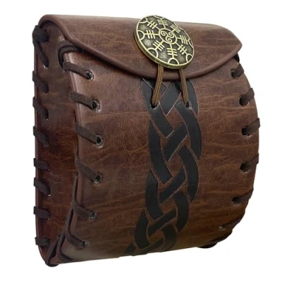 Immagine di HiiFeuer Mini Borsa da Cintura in Cuoio Sintetico Medievale, Marsupio Portatile Rinascimentale, Portamonete Nordico per Dadi LARP Ren Faire (Marrone A)