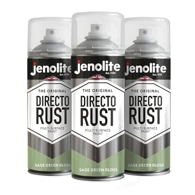 Immagine di JENOLITE Directorust Vernice Aerosol Lucida VERDE SALVIA spray multisuperficie Per l&#039;uso su legno, metallo, plastica, ceramica e superfici arrugginite 3 x 400ml RAL7494C