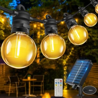 Immagine di Bowfar Catena di luci solari per esterni, 10 m, 17 + 2 G40, con telecomando, IP68, resistente alle intemperie, 8 modalità, illuminazione da giardino balcone, terrazza, decorazione