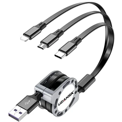 Immagine di UZAHSK Multi Cavo Rapida Ricarica, [1.2M/3A] 3 in 1 Ricarica Retrattile USB Dati Cavetto With iP/Tipe C/Micro Per Phone 14/13/12/11/X/8/7/Samsung/Huawei P40 /Google Pixel/OnePlus.(Nero)