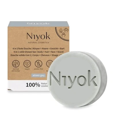 Immagine di Niyok® doccia fissa 4 in 1 &quot;Athletic Grey&quot; (80 g) Sapone per corpo + capelli viso barba Cura del sostenibile all one fisso, shampoo pulizia solida