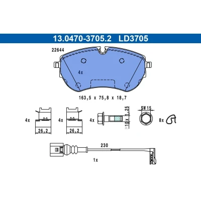 Immagine di ATE 13.0470 3705.2 Kit pastiglie freno predisposto per visualizzazione avviso usura, Con contatto segnalazione usura VOLKSWAGEN: Multivan T7 (STM