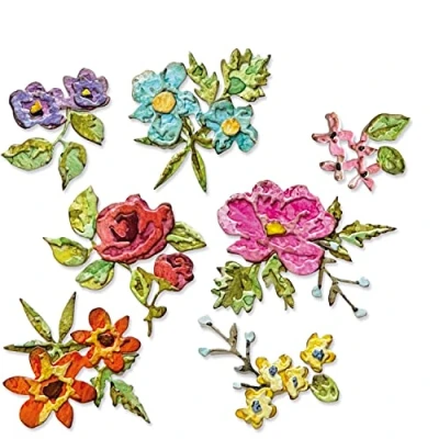 Immagine di Sizzix 666284 Set di Fustelle Thinlits, 14 Pezzi, Motivo Fiori a Pennello, Mini Tim Holtz, 666284, Multicolore, One Size