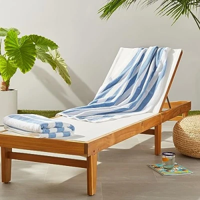Immagine di Amazon Basics Telo mare, motivo a righe, stile cabina da spiaggia, Celeste, Confezione 2, 100% cotone, 152 L x 76 W cm
