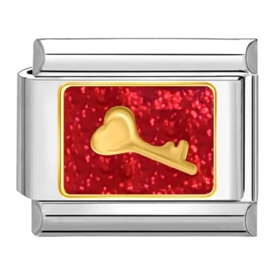 Immagine di Quiges Modulo Charm Link in Stile Italiano da 9 mm Cuore con Chiave Acciaio Inox per bracciali Italian Links