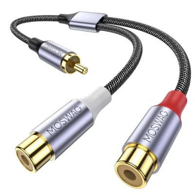 Immagine di MOSWAG RCA Splitter 1 Maschio a 2 Femmine, Y Cavo Audio Video Adattatore di Estensione Compatibile con subwoofer, Altoparlanti, Home Theater, HDTV, Console Gioco