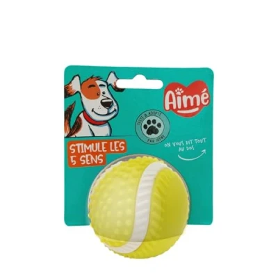 Immagine di Aimé Pallina per cani 5 in 1 Sapore Manzo Giocattolo interattivo/educativo sviluppare e stimolare i sensi Resistente a tutte le razze ed età Palla 8 cm