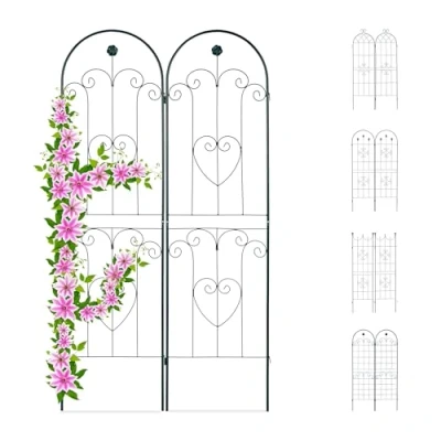 Immagine di Relaxdays Set 2 Grigliati per Rampicanti, in Metallo 180x50cm Design ad Archi Fiori e Cuori, Incastro, Verde Scuro
