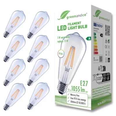 Immagine di greenandco 8 lampadine A filamento LED trasparente E27 ST64 5 W 1055 lm sostituisce 75 2700 K bianco caldo 320 230 V senza sfarfallio Classe energetica non dimmerabile