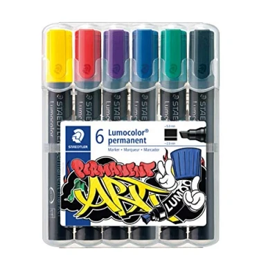 Immagine di STAEDTLER 350 WP6 1 Lumocolor Pennarelli permanenti, confezione da 6 colori assortiti, punta a scalpello