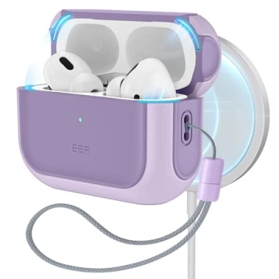 Immagine di ESR Cover per AirPods Pro 2/1 Gen (2023/2022/2019), compatibile con 2 (USB C/Lightning Cable), Custodia abilitata a MagSafe, Protezione dalle cadute, Chiusura magnetica, Serie Orbit, Viola