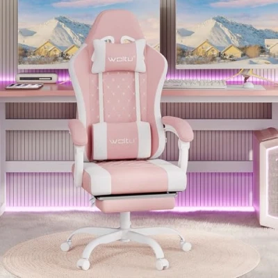 Immagine di WOLTU Sedia gaming con Massaggio, da Ufficio Ergonomica, Ampia Girevole Imbottita per Computer Cuscino Lombare Massaggiante, Carico 150 Kg, Tessuto a rete Rosa+Bianco,GS15rsw