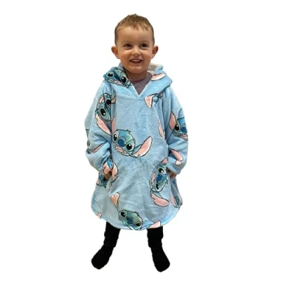 Immagine di Hugzee, felpa oversize indossabile con cappuccio, super calda e accogliente, foderata in sherpa, design ufficiale Disney Lilo Stitch, perfetto per bambini dai 3 ai 6 anni, taglia unica, altezza
