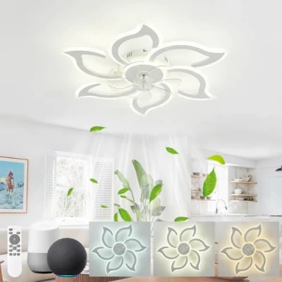Immagine di KeLuKes Lampadario Ventilatore da Soffitto Design, 88cm Plafoniera Compatibile con Alexa e Google Assistant, Dimmerabile Timer Reversibile Fiore per Soggiorno, Bianco