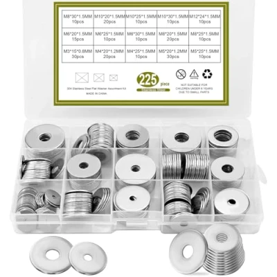 Immagine di 225 rondelle piatte in acciaio inox 304, set di dischi sicurezza, dadi metallo, 15 misure M3/M4/M5/M6/M8/M10/M12/disco metallo (argento)