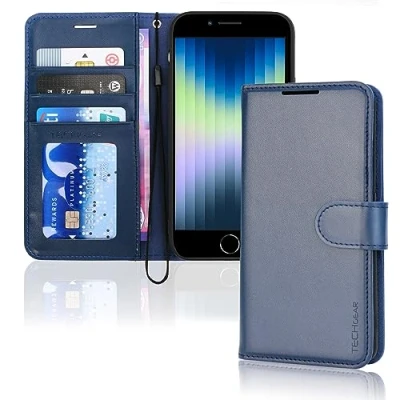 Immagine di TECHGEAR iPhone SE 2022 5G / 2020, 8/7/6 Custodia Portafoglio in Pelle Sintetica, Supporto con Slot per Schede e Cinturino da Polso Cover 3 2 8 7 6 6s 4.7&quot;