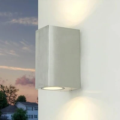 Immagine di Licht Erlebnisse Applique da esterno GU10, Up Down light outdoor, argento, IP44, resistente alle intemperie, L:6,8 cm, 2 luci, casa, terrazza, balcone, moderno, lampada parete