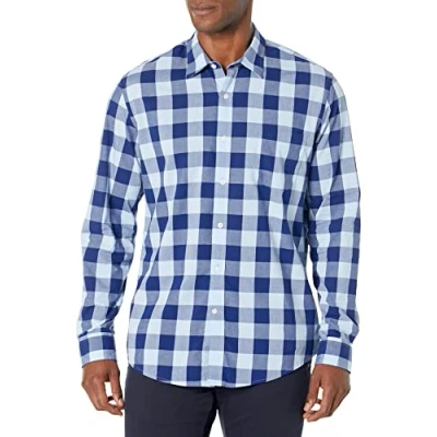 Immagine di Amazon Essentials Camicia in Popeline a Maniche Lunghe Slim Uomo, Blu Buffalo Check, L