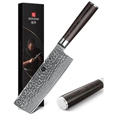 Immagine di XINZUO Coltello Nakiri 17cm, 67 Strati Acciaio di Damasco Coltelli per Carne e Verdure da Cuoco Professionali Cucina con Manico in Legno Pakka He Serie