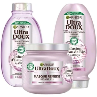 Immagine di Garnier Ultra Soft Cofanetto per capelli ribelli e indisciplinati Lisciante morbidezza lucentezza, con infusione di acqua riso, indisciplinati, shampoo, balsamo,