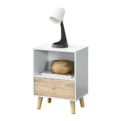 Immagine di [en.casa] Comodino Moderno con Cassetto e Scomparto Aperto Tavolino Laterale per Divano Mobiletto da Notte Design Minimalista Scandinavo 54 x 40 30 cm Bianco/Effetto Rovere