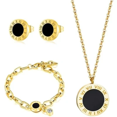 Immagine di RPAEOY Parure Gioielli per Donna Ragazze Numeri Romani con Zircone Acciaio Inossidabile Pendente Collana Orecchini Bracciali Set Placcato Oro Argento Sposa Regalo (Oro)