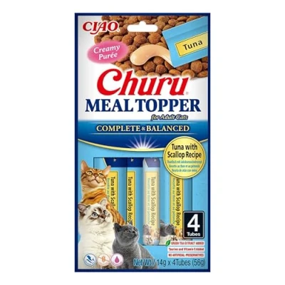 Immagine di INABA Churu Meal Topper, Snack per Gatti Cremoso con Tonno e Capesante 1 Pack (4 Stick x 14gr) Condimento Cibo Secco Gatto Senza Conservanti o Coloranti Artificiali, Grain Free