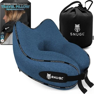 Immagine di SNUGL cuscino cervicale in memory foam, lavabile e regolabile, morbido da viaggio per aereo, auto viaggio, (blu, adulti)