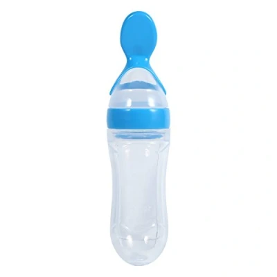 Immagine di Fdit 1Pc 90mL Silicone Bambino biberon con Cucchiaio di Cibo Fresco Spremiagrumi Alimentatore Caldo(Blu)