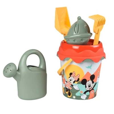 Immagine di Smoby Cubo da spiaggia Mickey Minnie Life, 17 cm, realizzato in materiale riciclato, con annaffiatoio, setaccio, rastrello, pala e stampo per sabbia, a partire 18 mesi, prodotto Francia