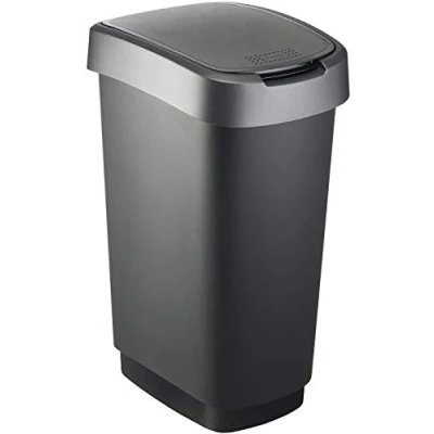 Immagine di Pattumiera Rotho Twist da 50 l con coperchio, plastica (PP) senza BPA, nero/argento, (40,1 x 29,8 60,2 cm)