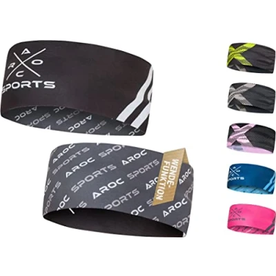 Immagine di Fascia per capelli reversibile leggera ed elastica Tecnologia Aroc Dry ad asciugatura rapida, assorbe il sudore trekking, corsa, ciclismo, sci (confezione singola, nero/grigio