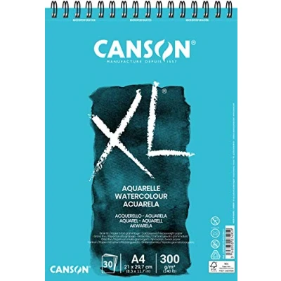 Immagine di Canson XL, Aquerelle Album per Tecniche Umide Spiralato Lato Corto 300g/m, Grana Fine, A4, 30 Fogli