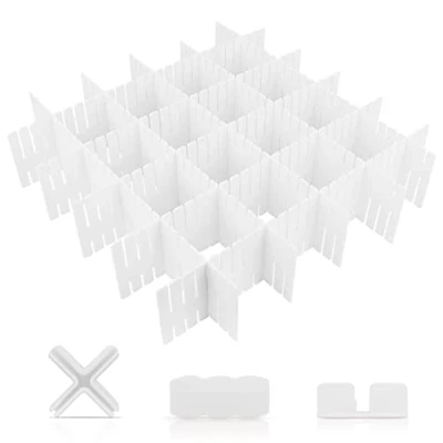 Immagine di Separatori per Cassetti, 16 Pezzi Divisori Cassetti Regolabili 32x7cm, Organizzatore in Plastica, con 18pcs Accessori di Fissaggio Ufficio, Cucina o Camera da Letto (Bianco)