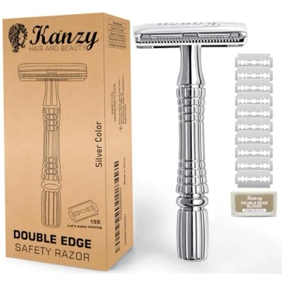 Immagine di Kanzy Rasoio di Sicurezza a Doppio Filo per Barba con 10 lame Manuale Classico Manico Cromato Safety Razor